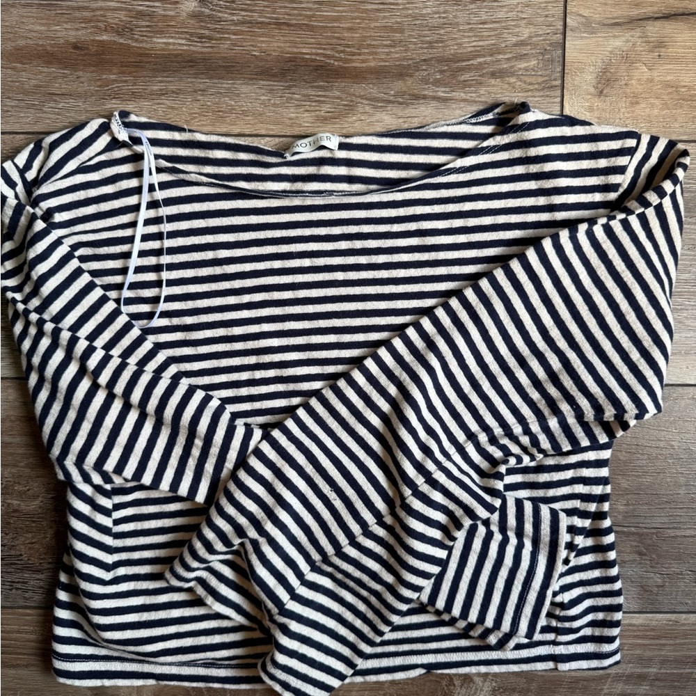Mother Striped Long-Sleeve Boatneck Top - Navy and Cream SMALL